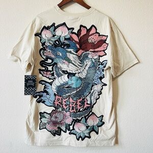 Rebel Vengeance Embroidered Dragon Floral Men's T-Shirt Bold Asian Graphic XXL